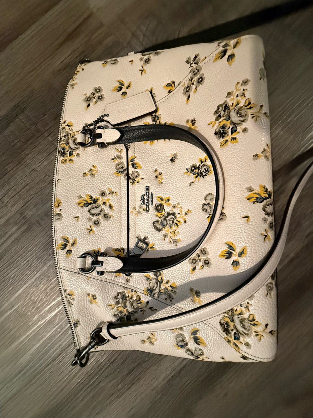 Coach Cream Floral Leather Satchel with Yellow and Gray Accents
